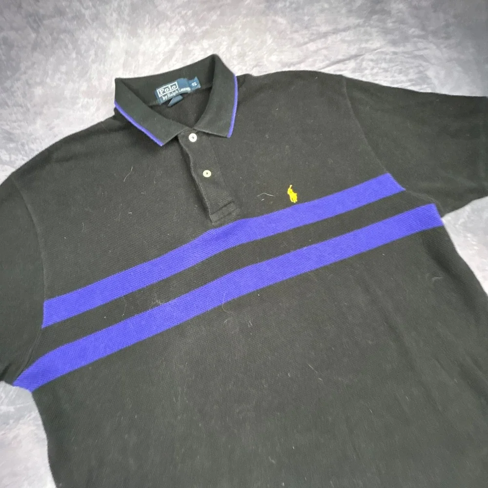 Vintage Polo Ralph Lauren XL Black Purple‎ Striped Pique Polo Shirt 90s Y2K